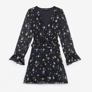 The Kooples Floral Print Smock Waist Ruffled Crepe Mini Dress Size 1 EU/2 US